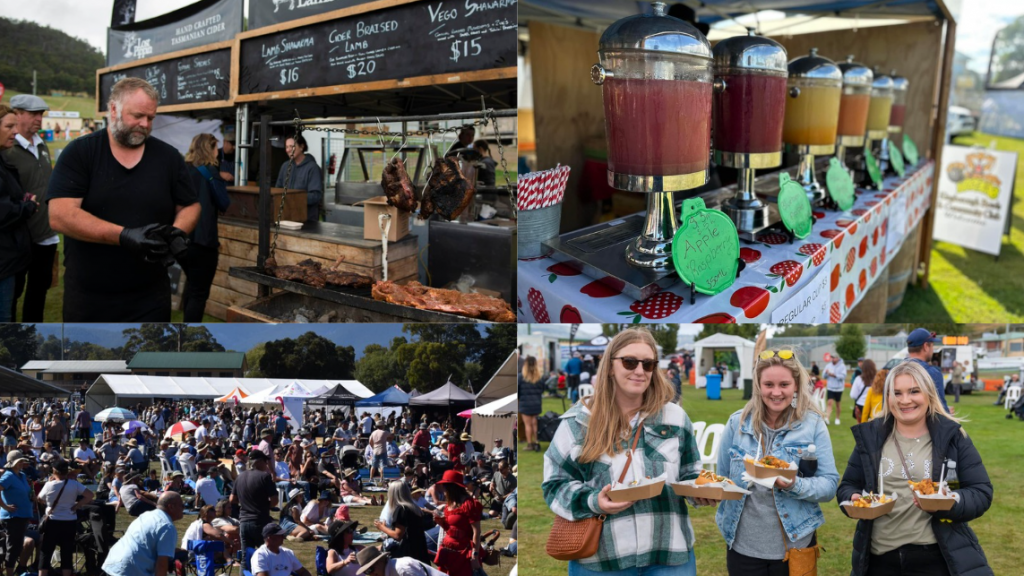 Collage of a food and drink festival: a vendor at a BBQ stall, beverage dispensers with colorful drinks, a large crowd at outdoor stalls, and three smiling women holding plates of food.