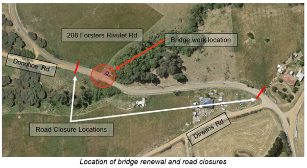 Aerial view map showing a bridge renewal location at 208 Forsters Rivulet Rd with red arrows pointing to the bridge work site. Road closure locations are marked on Donohoe Rd and Dirkens Rd with labels.