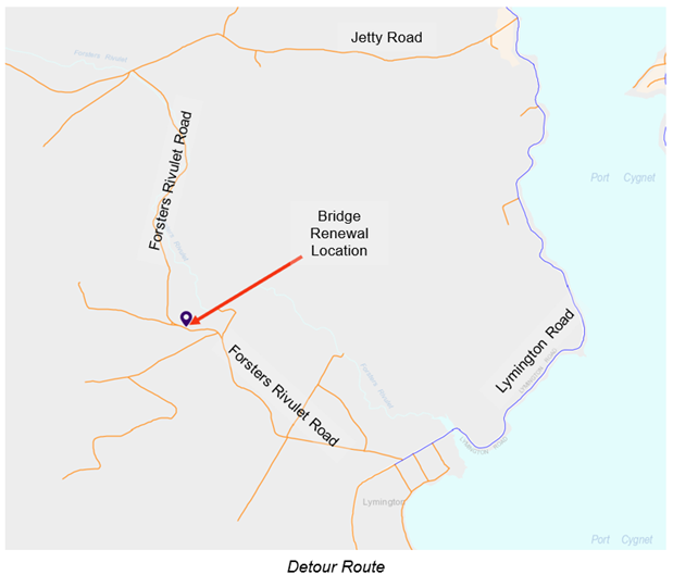 Map showing a bridge renewal location on Fosters Rivulet Road, highlighted with a red line. Detour route is marked and includes Jetty Road and Lymington Road. Nearby water bodies are shown, with a note Detour Route below the map.