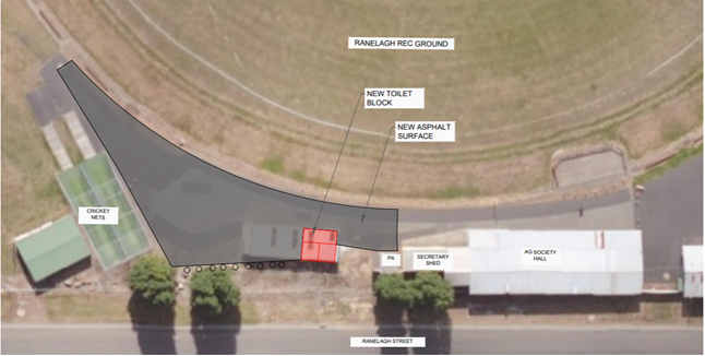 Aerial view of Ranelagh Rec Ground. Marked areas show a new toilet block, new asphalt surface, secretary shed, cricket nets, and road areas. Nearby buildings include the Ag Society Hall. Paths and greenery are visible.