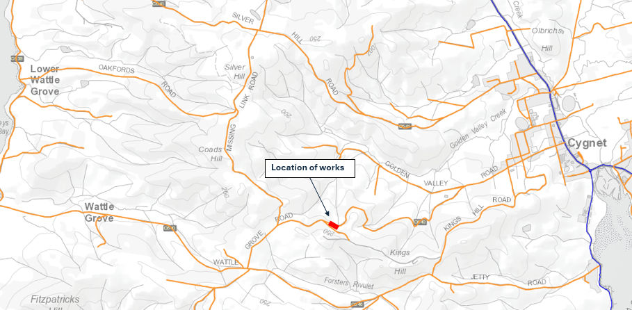 Map showing the location of works near Cygnet. Orange lines indicate roads, with nearby areas including Lower Wattle Grove and Wattle Grove. The specific location is marked with a red dot and labeled Location of works.