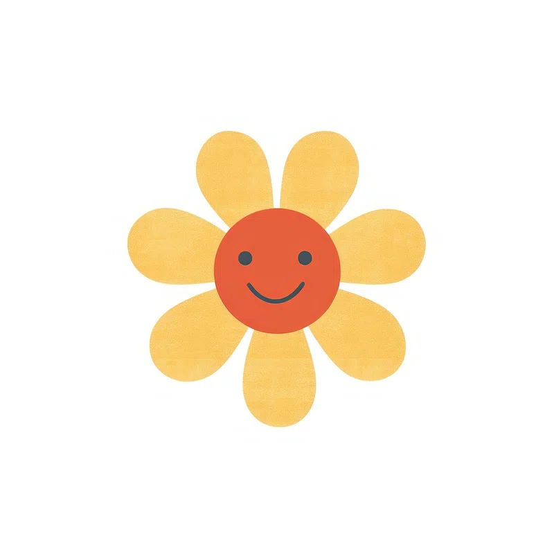 Illustration of a simple flower with eight rounded yellow petals and an orange center. The center features a smiling face with black eyes and a curved smile, set against a plain white background.