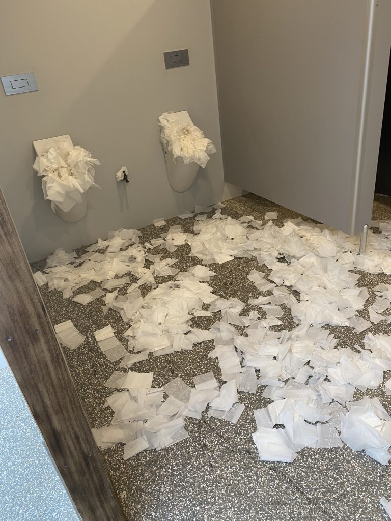 Restroom with two wall-mounted toilets overfilled with toilet paper. The floor is covered with scattered toilet paper. Walls and fixtures are gray, and the floor is speckled.